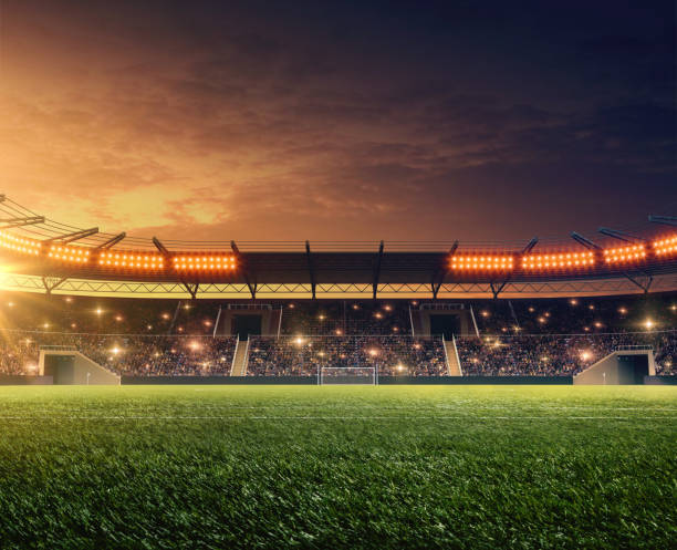 stadio di calcio con illuminazione e cielo notturno - campo da calcio foto e immagini stock