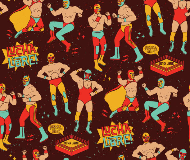 Luchadores Heroes Illustration Lucha Libre Seamless Pattern. Mexican Wrestler Night. wrestling stock illustrations