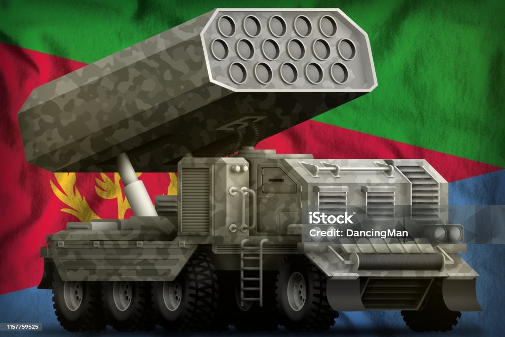 rocket artillery, missile launcher with grey camouflage on the Eritrea national flag background. 3d Illustration rocket artillery, missile launcher with grey camouflage on the Eritrea flag background. 3d Illustration Army Stock Photo