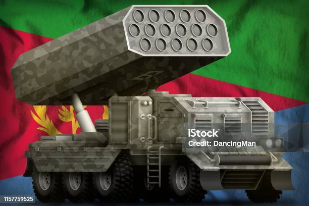 Rocket Artillery Missile Launcher With Grey Camouflage On The Eritrea National Flag Background 3d Illustration Stock Photo - Download Image Now