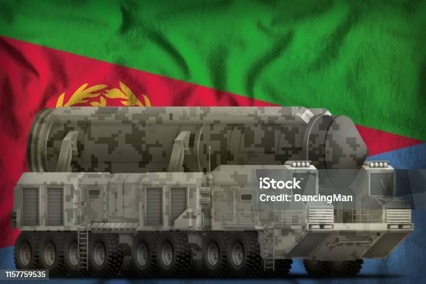 Intercontinental Ballistic Missile With City Camouflage On The Eritrea National Flag Background 3d Illustration Stock Photo - Download Image Now