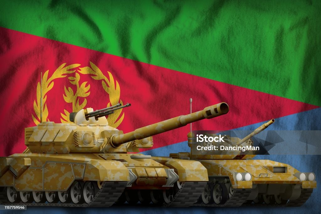 Eritrea tank forces concept on the national flag background. 3d Illustration tanks with orange camouflage on the Eritrea flag background. Eritrea tank forces concept. 3d Illustration Armored Personnel Carrier Stock Photo