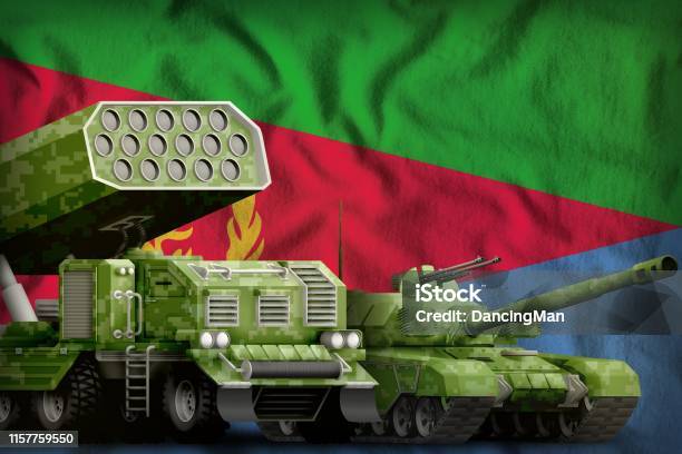 Eritrea Heavy Military Armored Vehicles Concept On The National Flag Background 3d Illustration Stock Photo - Download Image Now