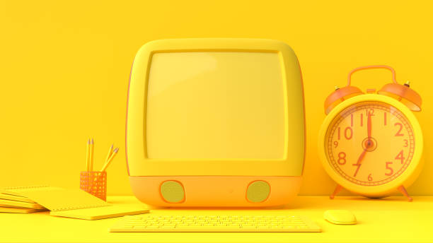 istock Yellow laptop mock-up on Work desk with yellow background. 1157760579