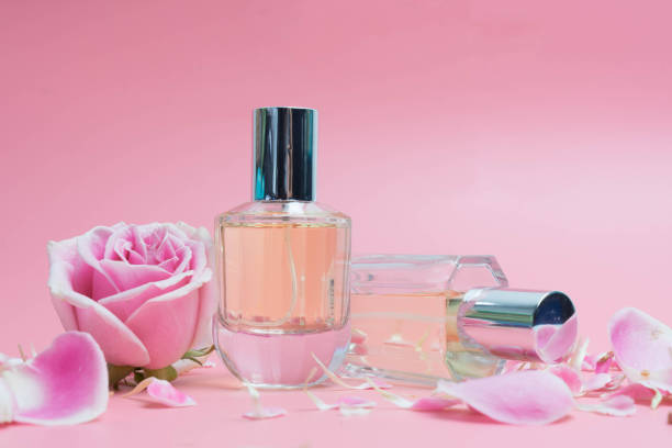 istock Beautiful perfume bottles  and rose on pink background 1157760942