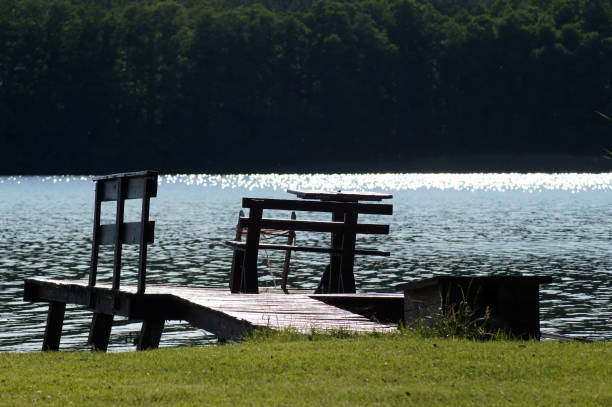 istock Old small boat jetty on the lake shore 1157761660