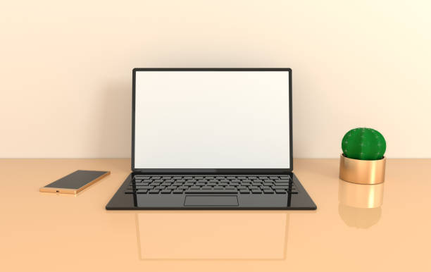 istock Laptop on work desk mock-up background in modern minimal style. Notebook 3d render. Technology gadget concept. Pastel colors, black and golden 1157762174