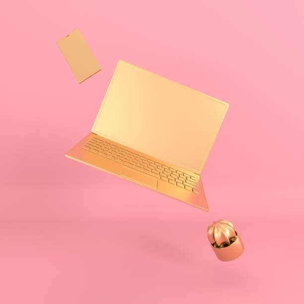 istock Laptop and phone mock-up background in modern minimal style. Notebook, smartphone and cactus 3d render. Technology gadget concept. Pastel and gold colors 1157762176