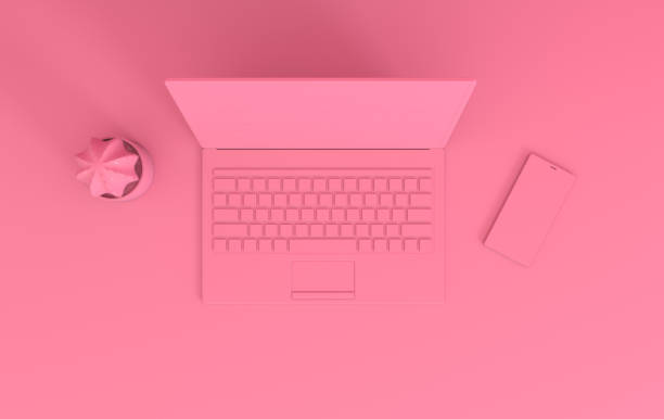istock Laptop and phone on work desk mock-up background in modern minimal style. Notebook, smartphone and cactus 3d render. Technology gadget concept 1157762177