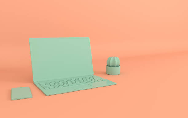 istock Laptop mock-up background in modern minimal style. Notebook, smartphone and cactus 3d render. Technology gadget concept 1157762180