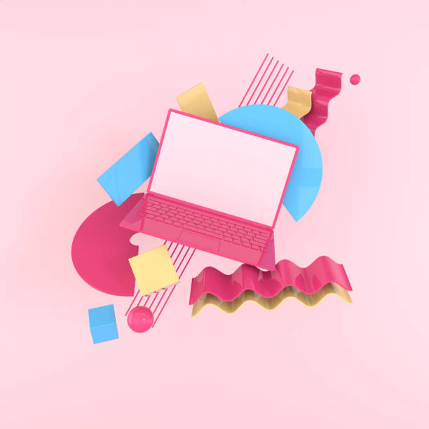 istock Laptop and different geometric objects mockup background in modern minimal style. Notebook 3d render in pastel colors. Technology gadget concept 1157762182