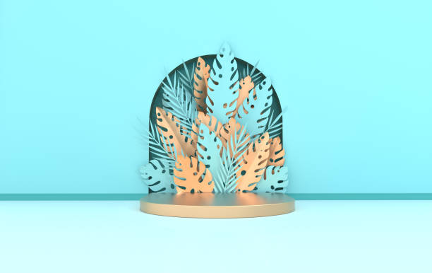 istock Wall scene with arch, tropical paper palm, monstera leaves and frame, podium platform for product presentation. Summer tropical leaf. Pastel and gold colors. Paper cut 3d render 1157762202