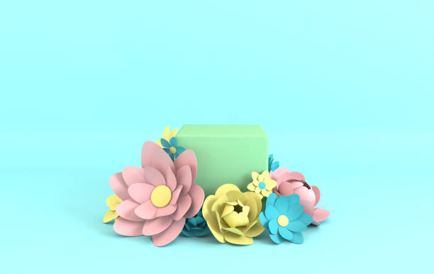 istock Paper flowers frame, podium platform for product presentation. Summer or spring background. Paper cut 3d render mock up in pastel colors 1157762208