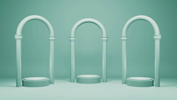 istock Retail display showroom, 3d realistic illustration. Greek style empty podiums on pastel mint background with space for placing merchandise products. 1157762272