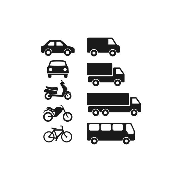 Motor vehicles, automobile, bus, truck flat vector pictogram icon set. Motorcycle, van, scooter black glyph set of icons. land vehicle stock illustrations