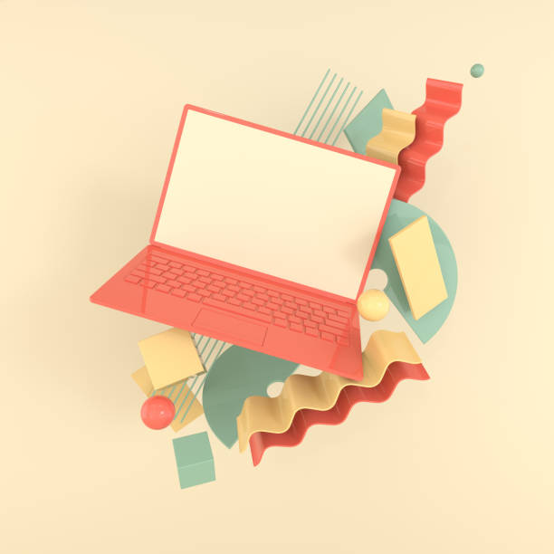 istock Laptop and different geometric objects mockup background in modern minimal style. Notebook 3d render in pastel colors. Technology gadget concept 1157763554