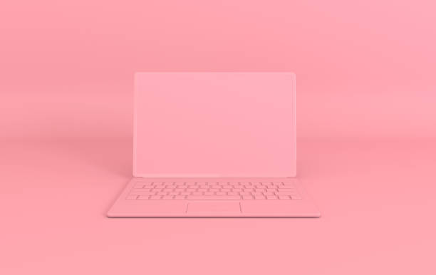 istock Laptop mockup background in modern minimal style. Notebook 3d render in pink color. Technology gadget concept 1157763558