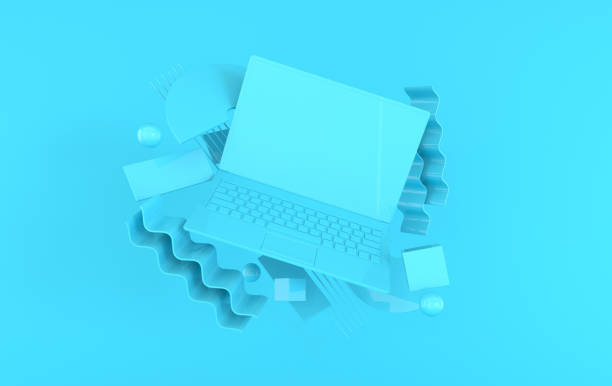 istock Laptop and different geometric objects mockup background in modern minimal style. Notebook 3d render in pastel colors. Technology gadget concept 1157763559