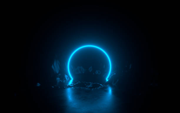istock Abstract cosmic landscape with blue neon ring and light, virtual reality, futuristic sci-fi, dark space, rocks 1157763599