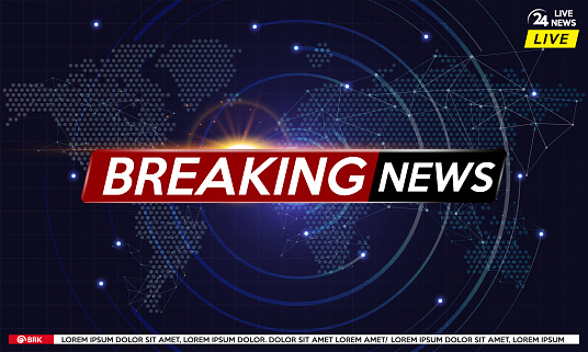 Background screen saver on breaking news. Template title. Breaking news live on world map on the blue background and world map. Vector illustration.