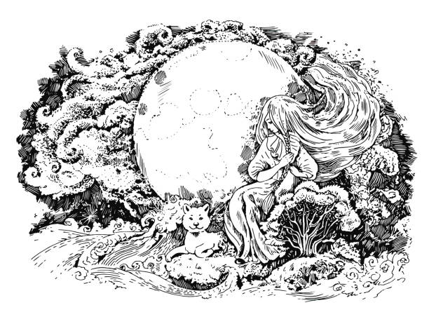 istock Fabulous night, girl combing her hair. Fantasy graphic illustration 1157767393