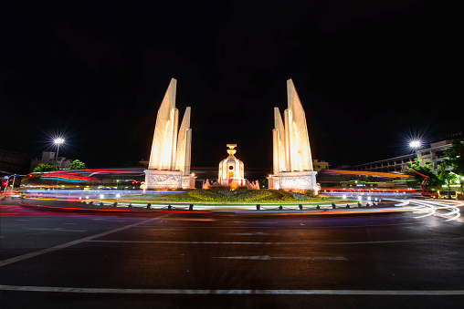 Bangkok , Thailand - 15 June, 2019 : Democracy Monument with blur light in night time