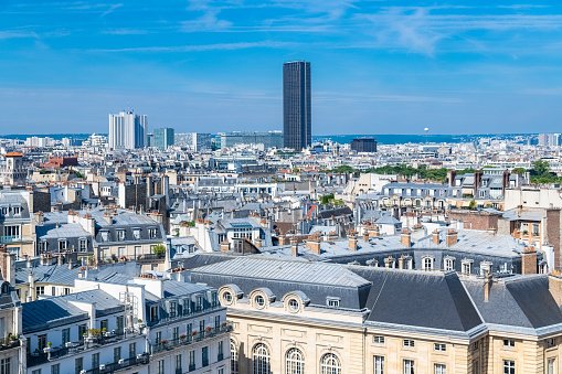 Paris, typical roofs, aerial view with the Montparnasse tower in background