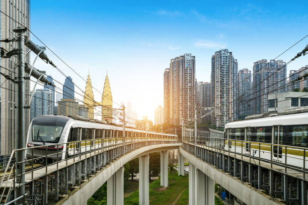 istock the light rail train shuttles through the city. 1157772241