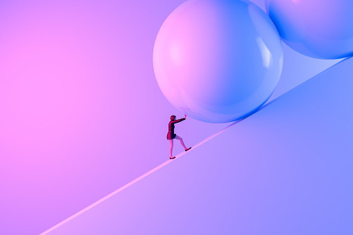 3d rendering of a strong woman pushing a big rock up the hill to reach the goal on top.