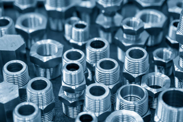 close-up of the screw fitting connector parts for pipeline processing. - bolt nut screw hardware store imagens e fotografias de stock
