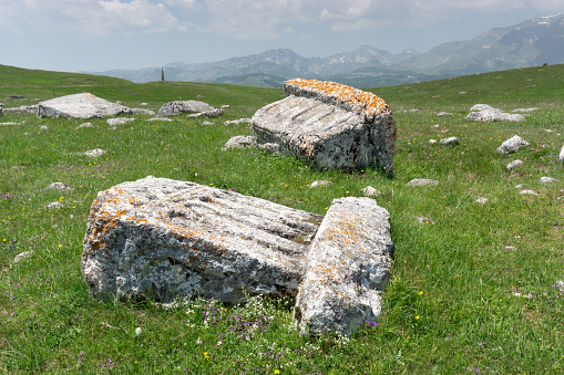 Zabljack, Montenegro - June 14, 2019: Stecci in Durmitor National Park in northeastern Montenegro. These mysterious carved tomb stone monuments date from the twelfth to sixteenth centuries.