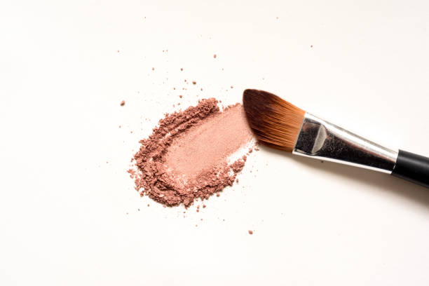 make up brush with selection of colored make up powder - face powder imagens e fotografias de stock