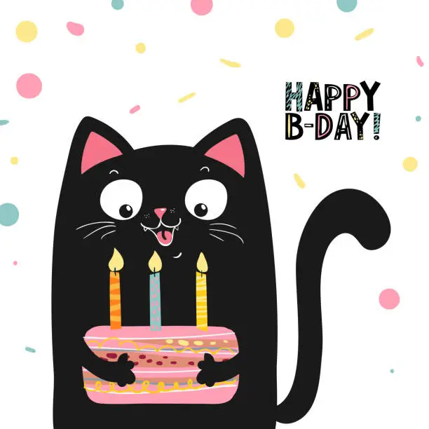Vector illustration of Happy black cat with cake and lettering happy birthday , vector illustration EPS 10