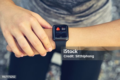 istock Young woman checking the sports watch measuring heart rate and performance after running. 1157775252