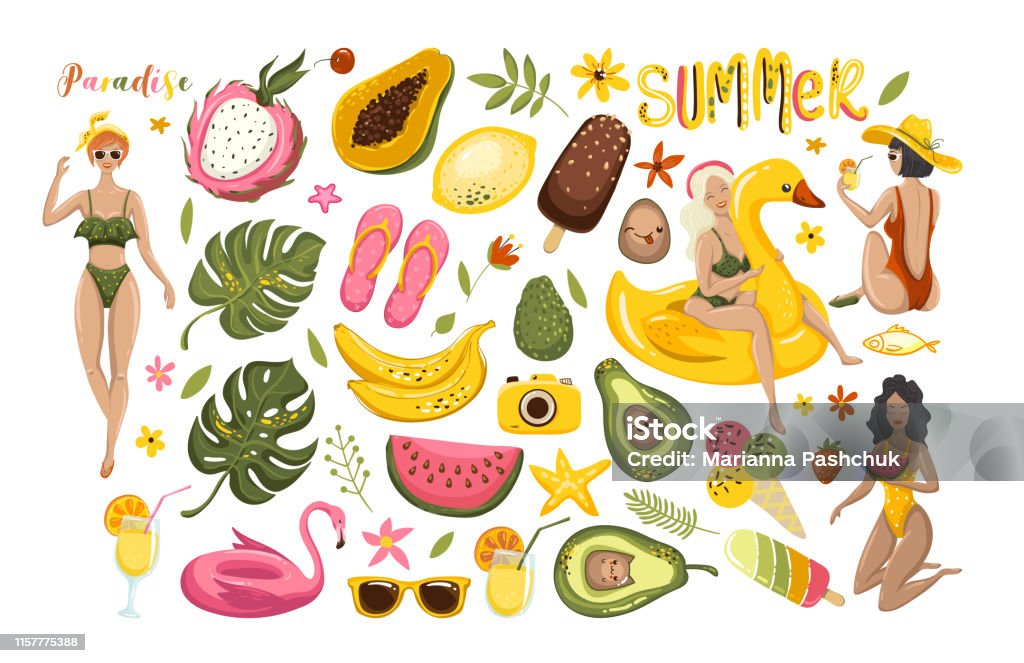 Summer set with hand drawn travel elements. Ice cream, watermelon, leaves, pomegranate, sandals, avocado, banana, calligraphy and other. Vector illustration EPS10 Beach stock vector