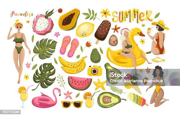 Summer Set With Hand Drawn Travel Elements Ice Cream Watermelon Leaves Pomegranate Sandals Avocado Banana Calligraphy And Other Vector Illustration Eps10 Stock Illustration - Download Image Now