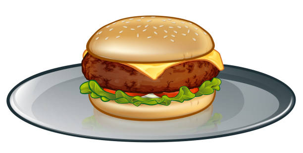 cartoon cheese burger na talerzu - take out food white background isolated on white american cuisine stock illustrations