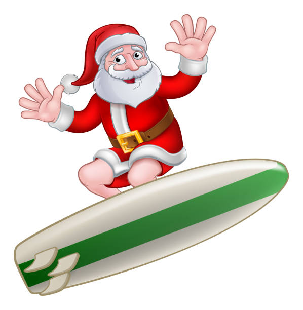 ilustrações, clipart, desenhos animados e ícones de desenhos animados surfando de papai noel do natal - beach sunlight surfboard santa claus