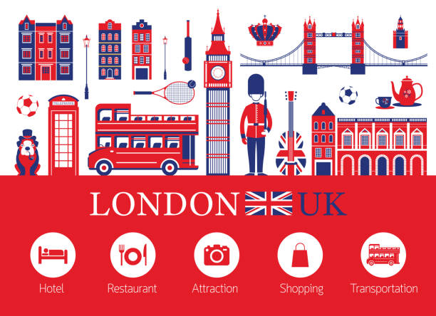 illustrazioni stock, clip art, cartoni animati e icone di tendenza di icone di londra, inghilterra e alloggi di viaggio - english bulldog