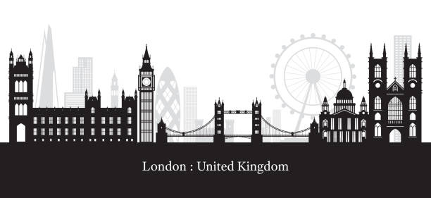 런던, 잉글랜드, 영국 랜드마크 스카이라인 실루엣 - london england skyline silhouette built structure stock illustrations