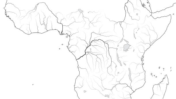 赤道アフリカ地域の世界地図:中央アフリカ、コンゴ、ザイア、ナイジェリア、ケニア、タンザニア、キリマンジャロ、タンガニーカ湖、マラウイ湖、スーダン、ソマリア。海岸線と河川を含 - congo river点のイラスト素材／クリップアート素材／マンガ素材／アイコン素材