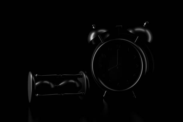 Light and shadow of hourglass and clock in the darkness. 3D rendering.