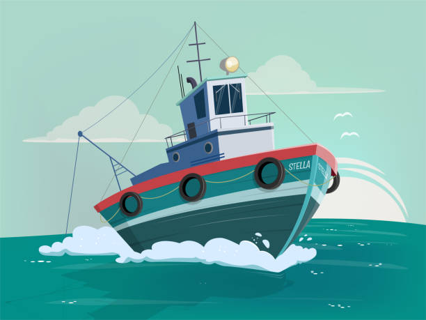 смешные мультфильм иллюстрации рыбацкая лодка - tugboat stock illustrations