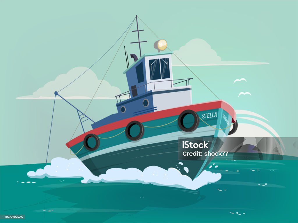 Funny Cartoon Illustration Of A Fishing Boat Stock Illustration ...