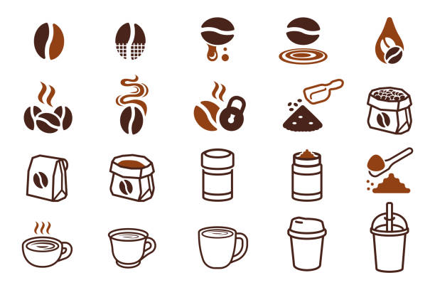 kawa rozpuszczalna miesza się z instant, kawa, moc, mąka, wymieszać, drobno, naparować, kapać, mielone, pieczone, pieczone, fasola, ziarna, ziarna, nasiona, mokka, aromat, ekstrakcja, destylacja, ciecz, świeże, zapach, zamek, napój, gorący, napój - roasted stock illustrations