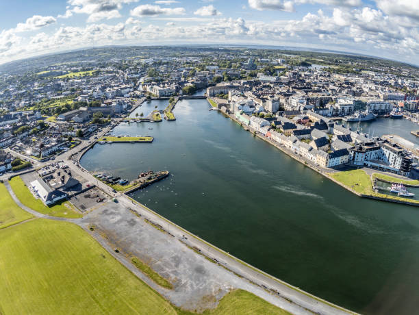 Aerial view Galway Pier and Corrib river Aerial view Galway Pier and Corrib river, Galway, Ireland county galway stock pictures, royalty-free photos & images