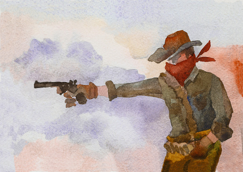 A cowboy in a hat fires a pistol against the backdrop of a smoky space. Wild West. Watercolor painting