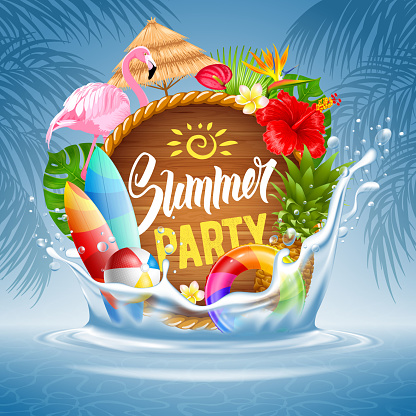 Summer time banner design with a wooden circle for text and colorful elements of a tropical vacation. Everything falls into the sea water with splashes. Vector illustration