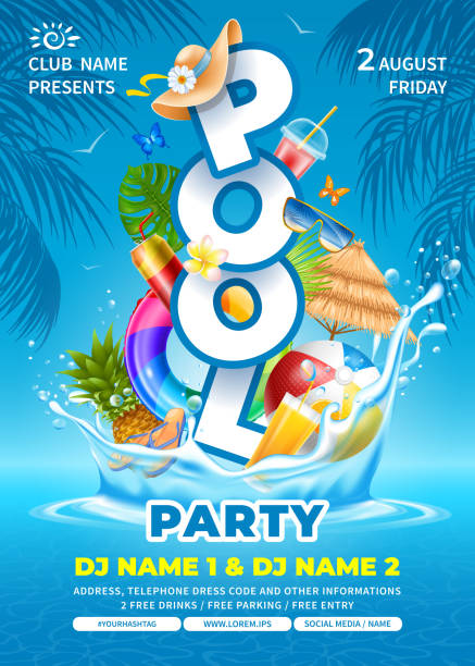 шаблон плаката для вечеринок в бассейне - water swimming pool sea summer stock illustrations