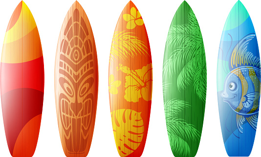 Surfboards set with different bright and unusual pattern designs. Realistic style. Vector illustration. Isolated on white background.